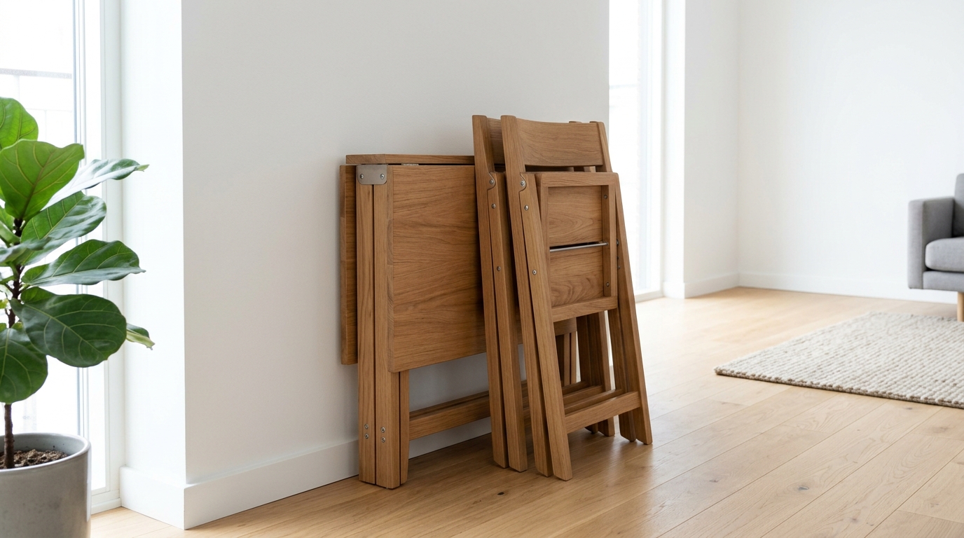 FolFurn wooden folding table and chair neatly folded against a wall
